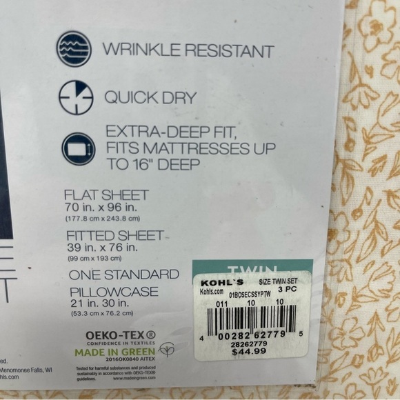 Kohls The Big One Twin Size Sheet set yellow gold floral cotton blend NWT - Picture 7 of 8